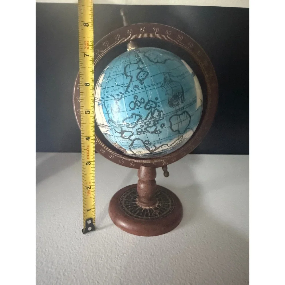 Vintage Nautical Desk Globe Wooden Base Tall Ship Illustration Copper Meridian